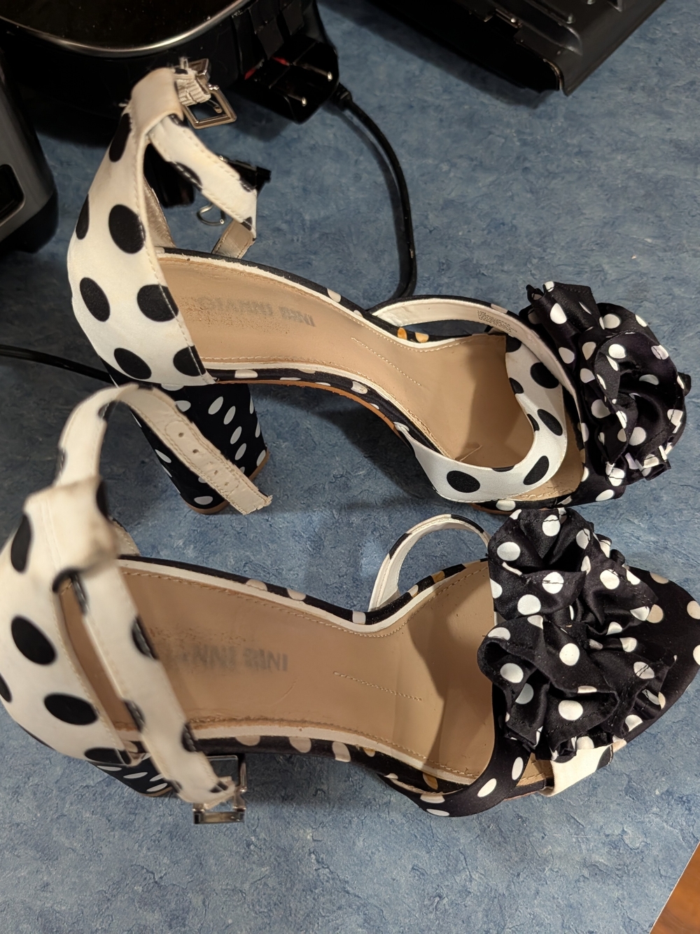 Gianni Bini Black and White Polka Dot Ankle-Strap Heels with Floral Bow